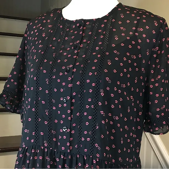 TOPSHOP Black Dress w Rose Pattern Puff Sleeve Open Ladder Accent Sz 8 NWOT - Image 2