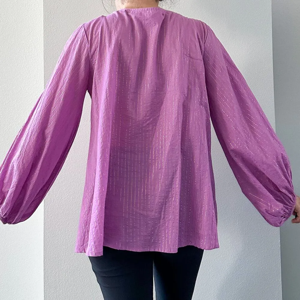 Emerson Fry India Collection Bardot Cotton Peasant Top in Pink Lurex Size Small Purple - Image 6