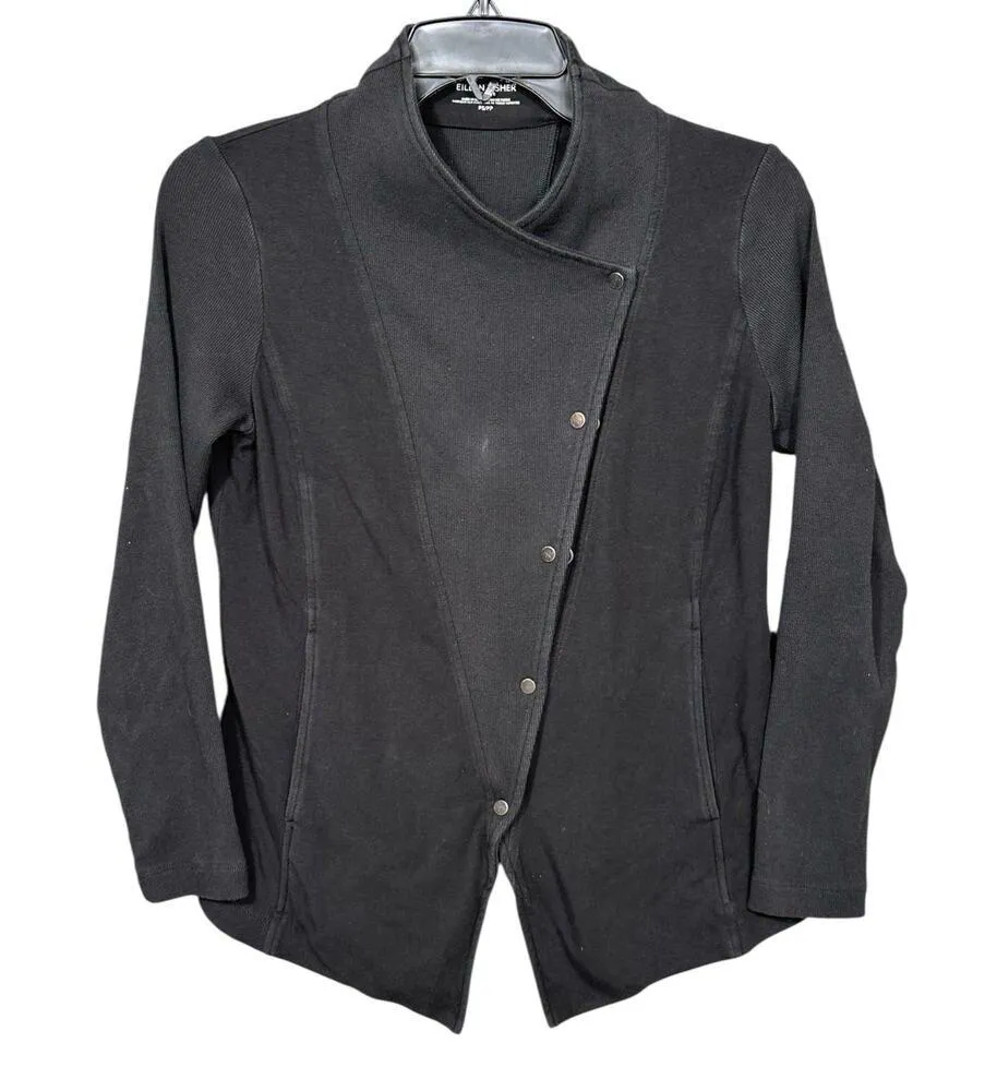 Eileen Fisher Black Asymmetrical Snap Jacket PS Petite - Image 2