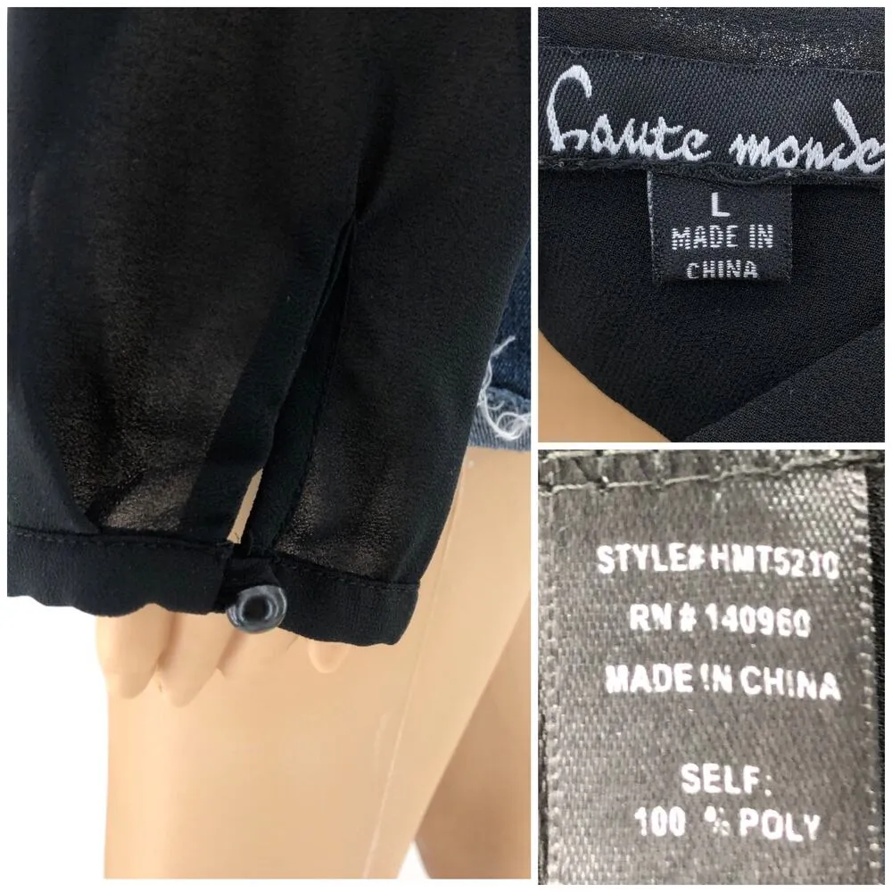 Haute Monde (L) Black Layered Sheer Peasant Blouse Top Crew Neck Long Sleeve - Image 5