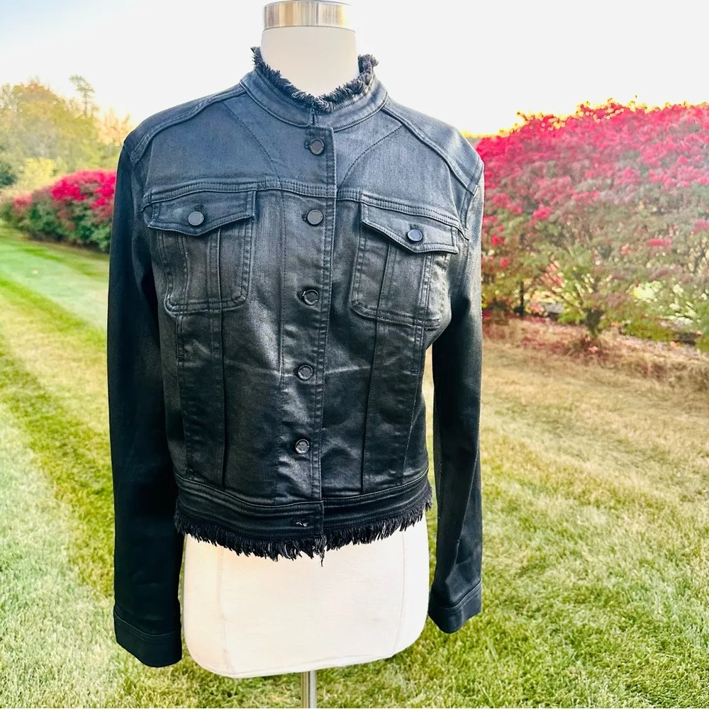 🌹HP🌹 ELIE TAHARI Black Waxed Denim Jacket with Lace Back - Image 4