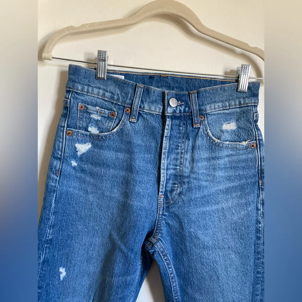 Gap Petite Medium Wash Cheeky Straight Hi Rise Distressed Ripped Denim Jeans #Gr - Image 7