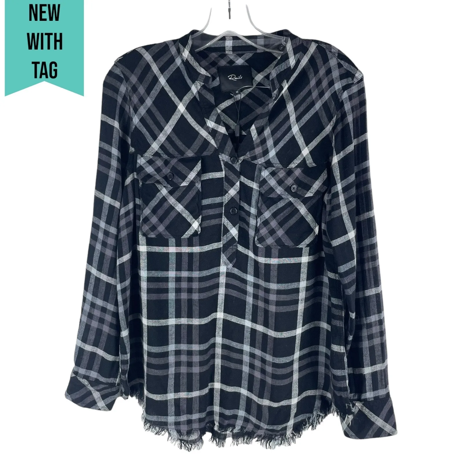 Rails Redding Frayed Trim Plaid Hi Lo Shirt In Ink Grey White Size XS - Image 3