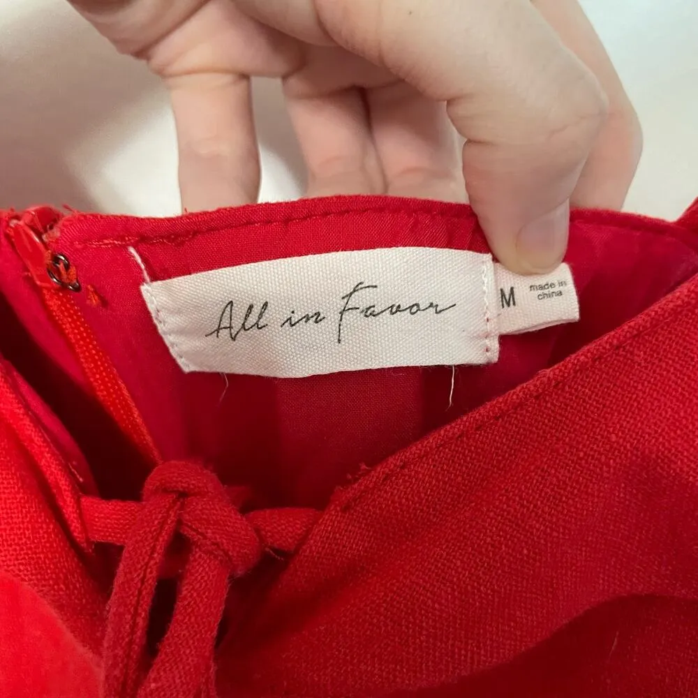 All In Favor Red Mini Dress M Womens Sleeveles V Neck Tie Detail Linen Ruffle - Image 6