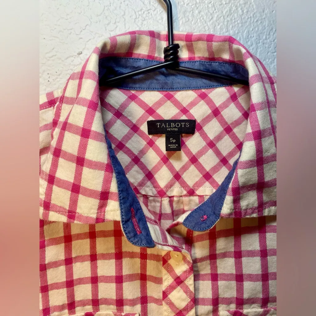 Talbots Pink and White Checkered Button Down Shirt size Small Petite - Image 3
