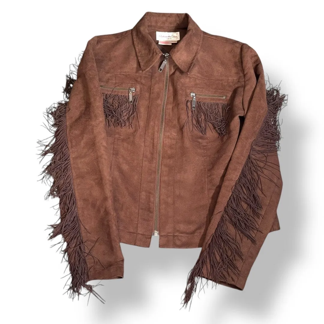 Vintage Y2K Panhandle Slim Brown Faux Suede Leather Fringe Western Jacket Small - Image 2