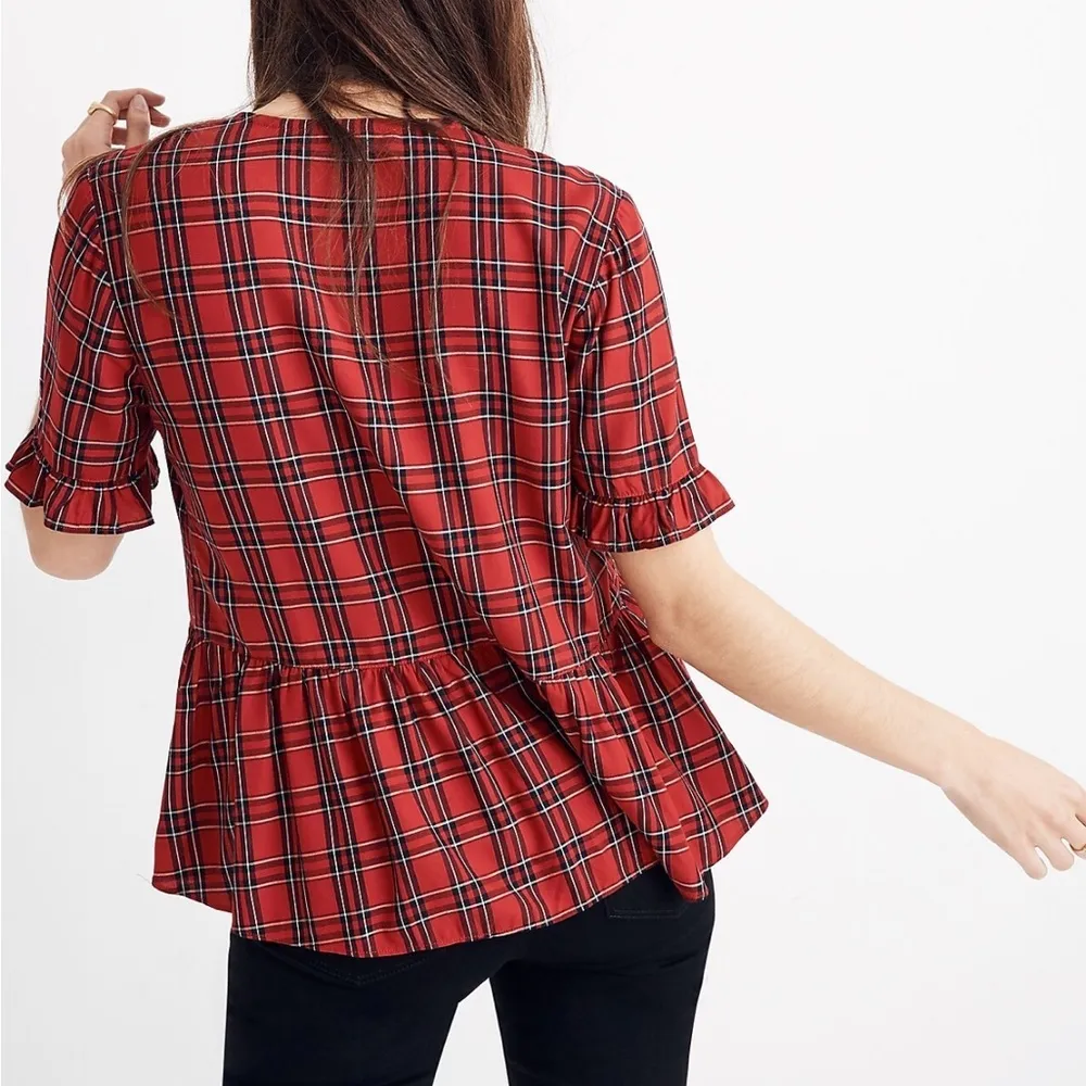 MADEWELL Studio Ruffle-Hem Top in Clanton Plaid Tartan Button Peplum Blouse - Image 2