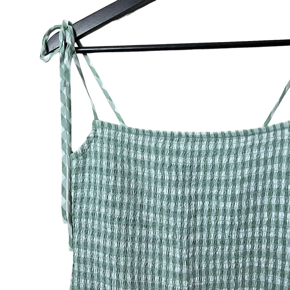 reformation gemini smocked ruffle gingham mini dress green - Image 5