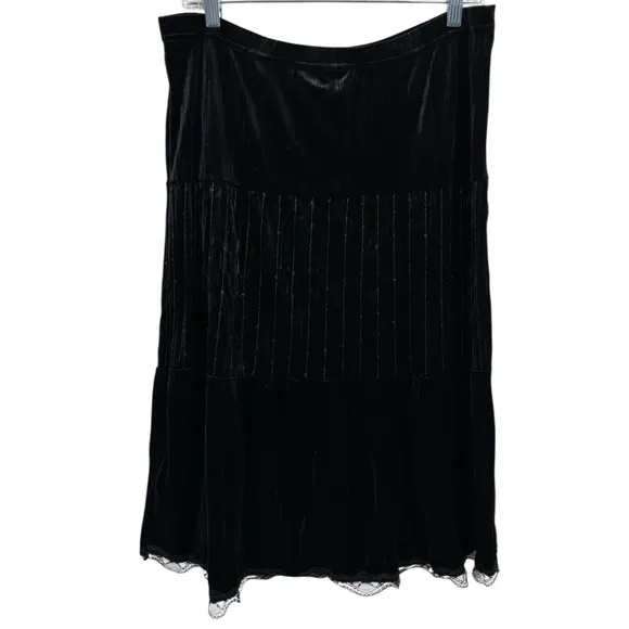 Vtg No Boundaries Black Velvet Tiered Maxi Skirt Lace Stretch Sz L Whimsigoth‎ - Image 2