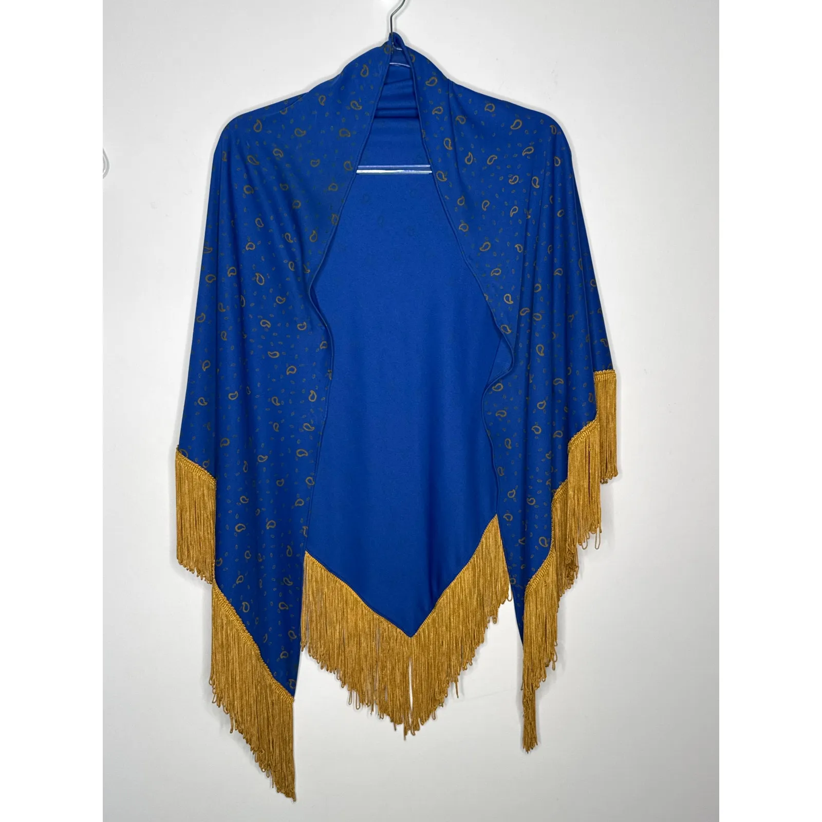 1970s Alfred Shaheen Blue Paisley Jumpsuit Set w Fringe Shawl medium - Image 14