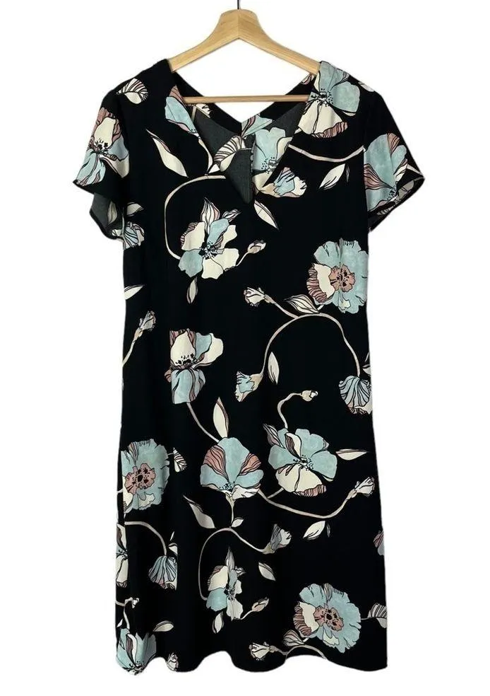 A New Day Black & Blue Floral V-Neck Short Sleeve Crepe Dress M - Image 2