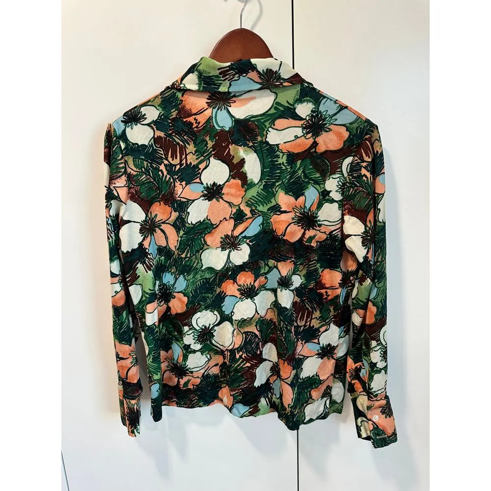 Vintage 70s Floral Print Button Up Blouse size S/M Fit Dagger Collar Statement Green Size M - Image 4
