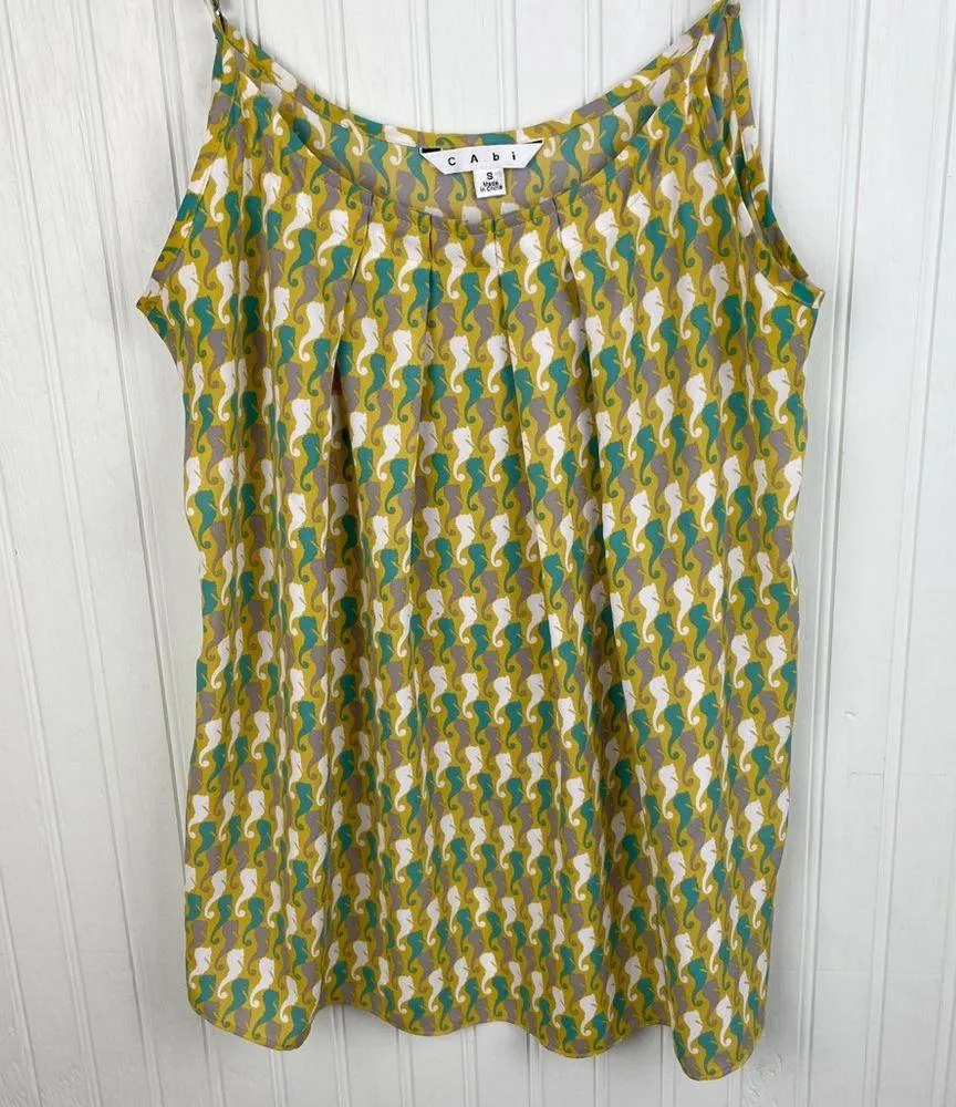 CAbi 411 Seahorse Novelty Print Pleated Camisole Tank Top Size Small Yellow Teal - Image 5