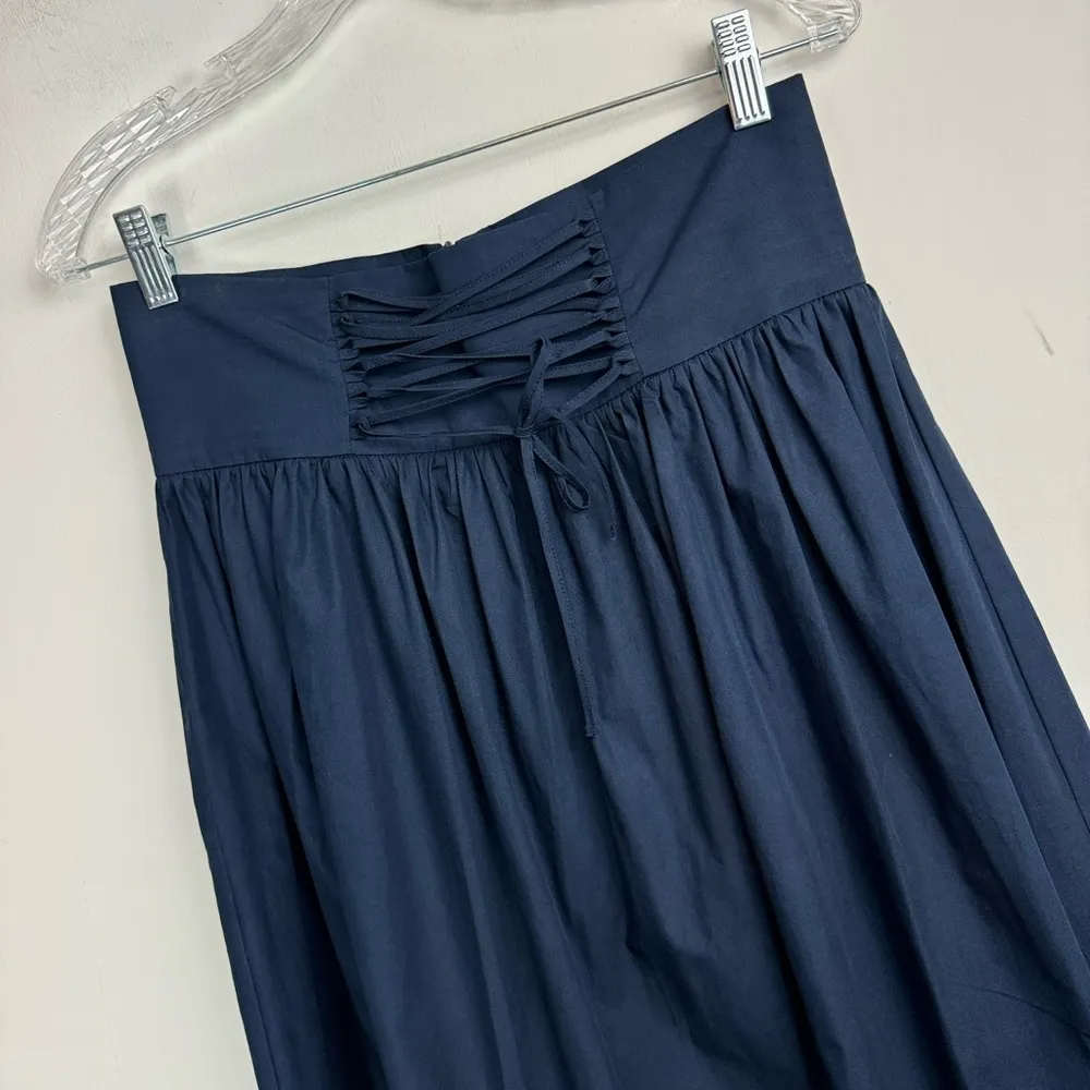 Zara Corset Lace Up Waist Midi Skirt Sz Medium Navy Blue Poplin Cotton - Image 10