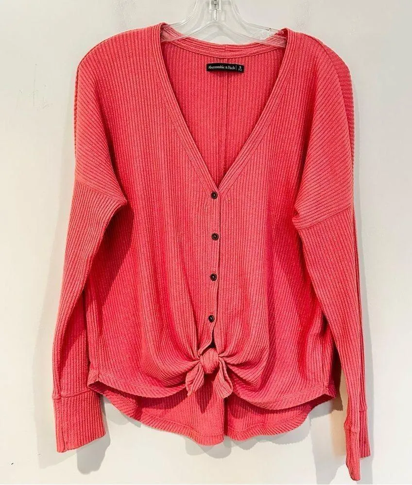 Abercrombie & Fitch Oversized Tie-Front Sweater Women's Small Salmon Ribbed Knit - Image 2