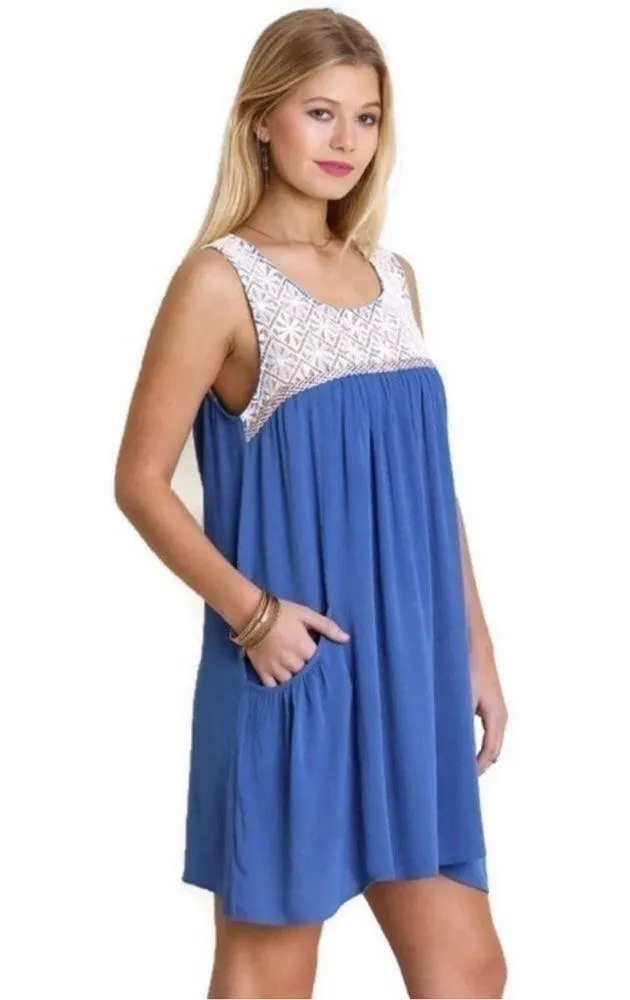 Umgee Lace Cream & Blue boho stye short dress with pockets - Image 2
