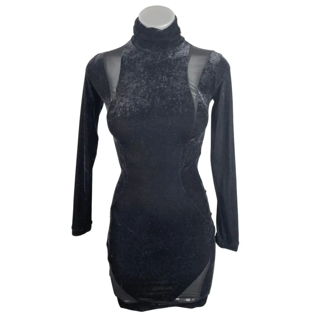 DSTM $450 Black Velvet Velour Long Sleeve Sheer Turtleneck Mini Bodycon Dress S - Image 2