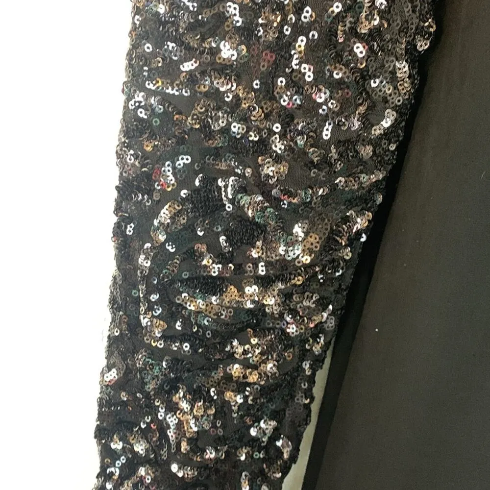 Dress the population womens medium black shift dress sequin sleeve pleated - Image 5