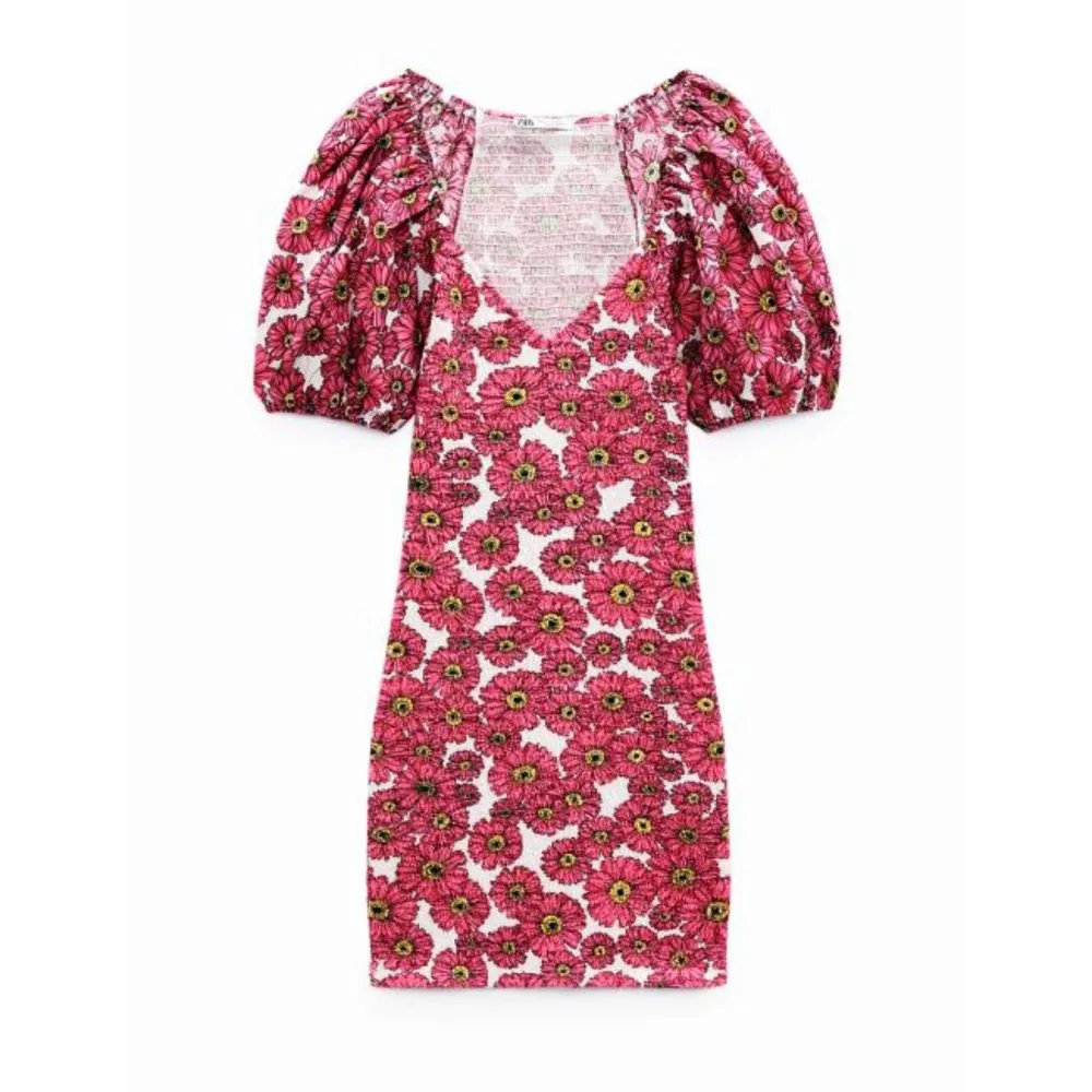 Floral Balloon Sleeve Dress Smocked Puff Princess Pink Sweetheart Bust Mini - Image 9