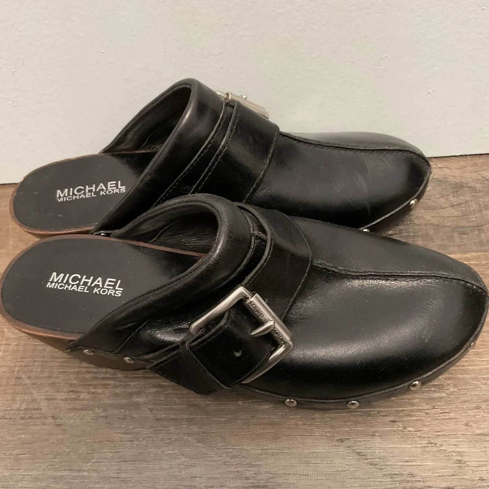 Michael Kors Black Leather Studded Buckle Clog Mules Women's Size 8M - Image 4