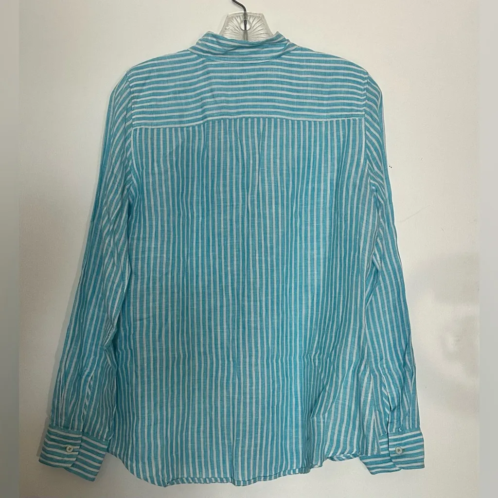 Talbots striped linen button up long sleeve small white and baby blue collared‎ - Image 2