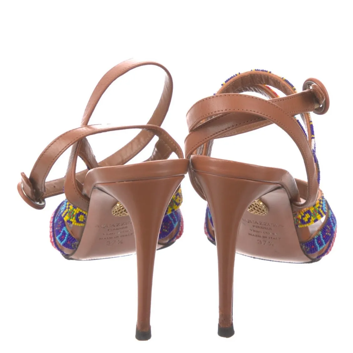 Aquazzura Masai Beaded Leather Strappy Sandals Tan Multicolor 7.5 - Image 4