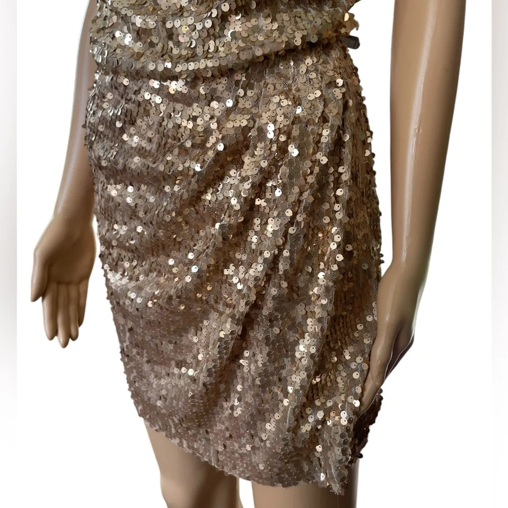 Black Metallic Gold Sequin Cowl Neck Draped Formal Party New Years Mini Dress Size M - Image 3