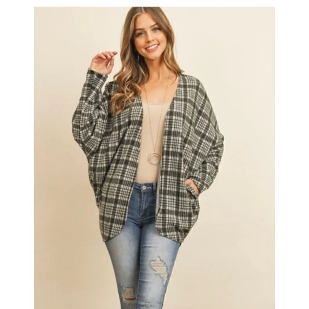 Riah Fashion Gray Open Plaid Cardigan with Pockets L - Image 7