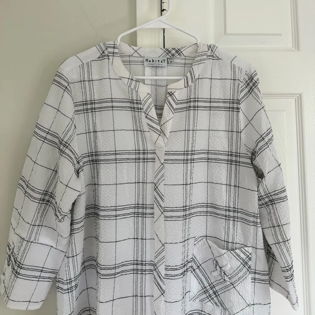 Habitat Top Womens Medium White Black Plaid 3/4 Sleeve Textured Lagenlook Art - Image 2
