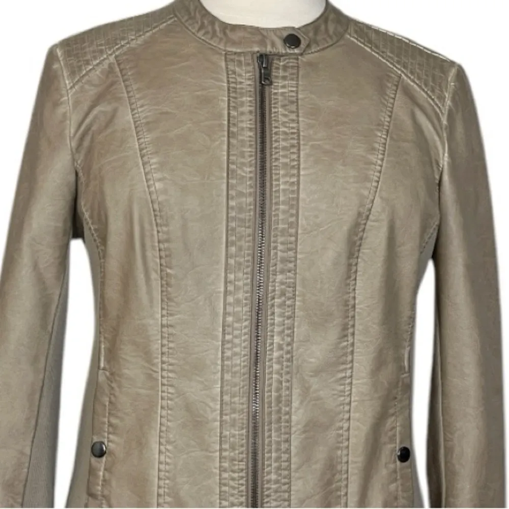 Sebby Faux Leather Jacket Moto Collarless Zipper Knit Taupe Tan Women’s Size XXL - Image 5