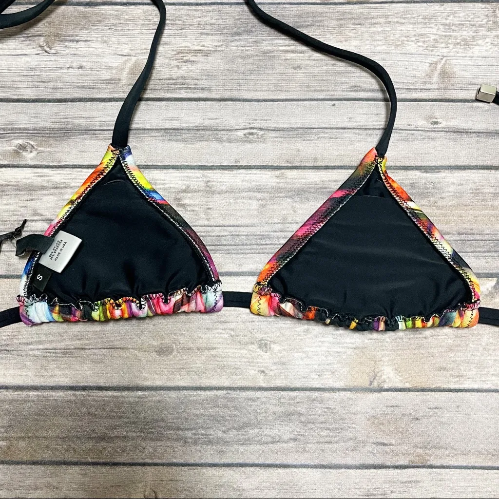 Ola Vida Blurred Geometric Plaid Sliding Triangle Halter Bikini Top NWT Small Black - Image 6