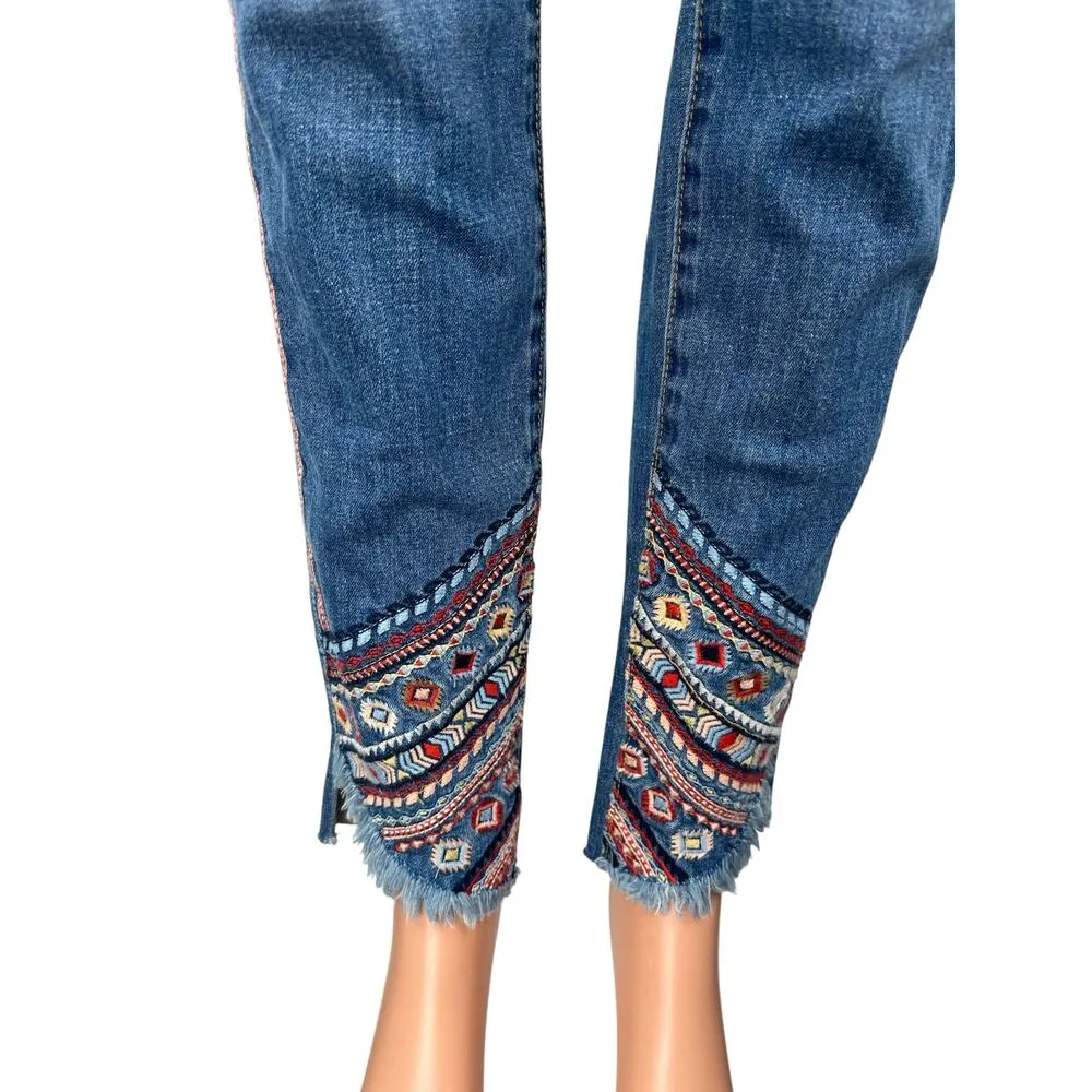 Driftwood Jackie High Rise Blue Embroidered Tribal Boho Skinny Denim Jeans 28 - Image 4