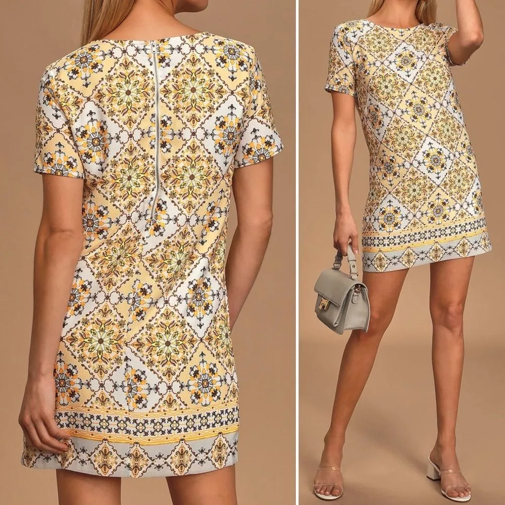 Lulus Dandy Lion Yellow White Tile Print Mini Shift Dress Women’s Size Medium - Image 3