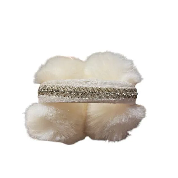 Cream Oversized Faux Fur‎ Ski Earmuffs with Rhinestone Jewel Headband - Image 5