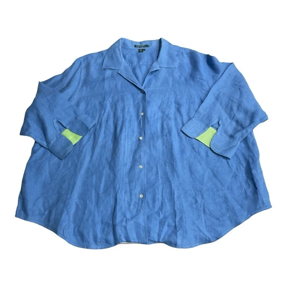 Vtg.Ralph Lauren Linen
Jacket - Beautiful Blue with Lime Green Cuffs Sz. 2X - Image 5