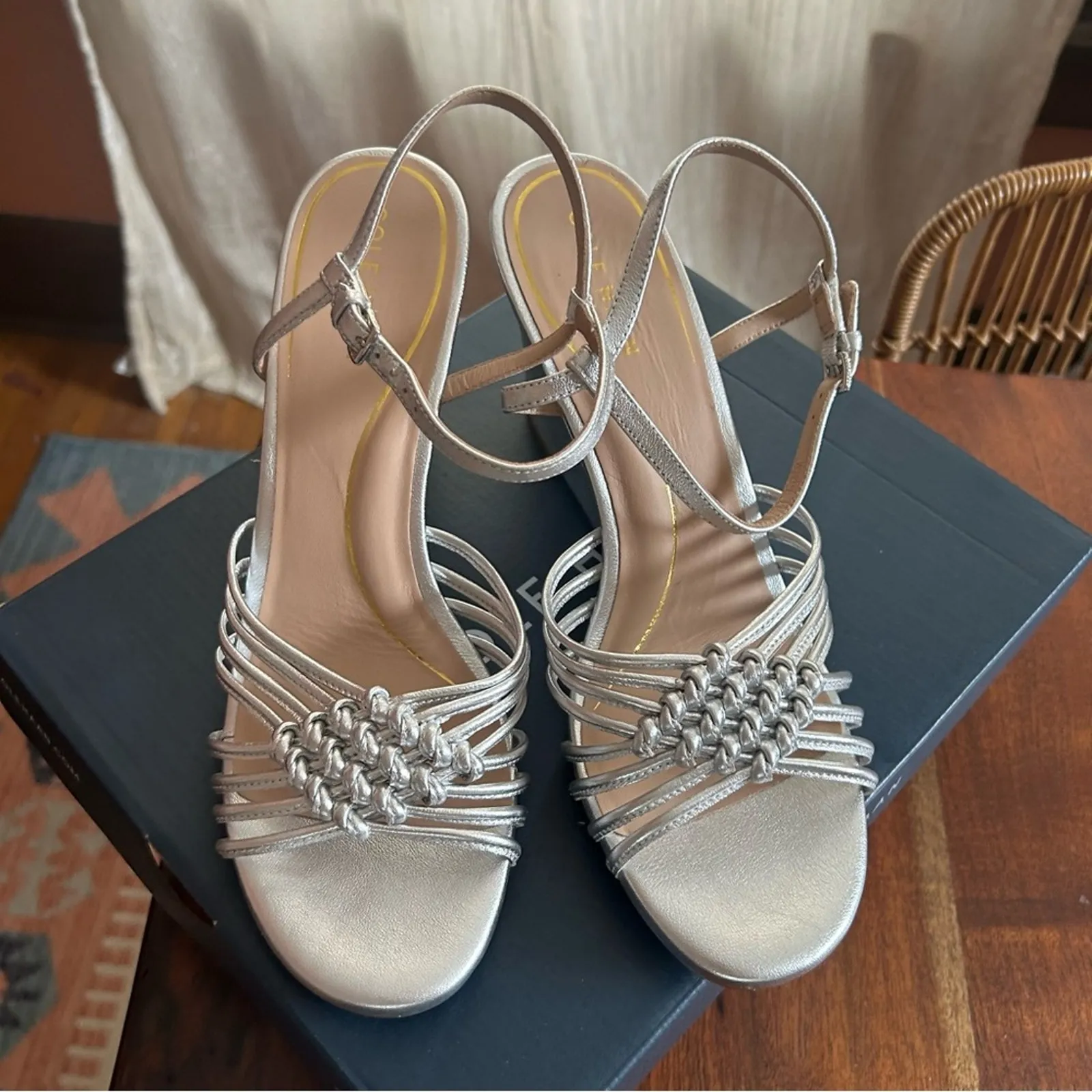 Cole Haan Jitney‎ Knot Wedge Sandals Leather Heels Silver NEW $180 Size 10.5B - Image 3