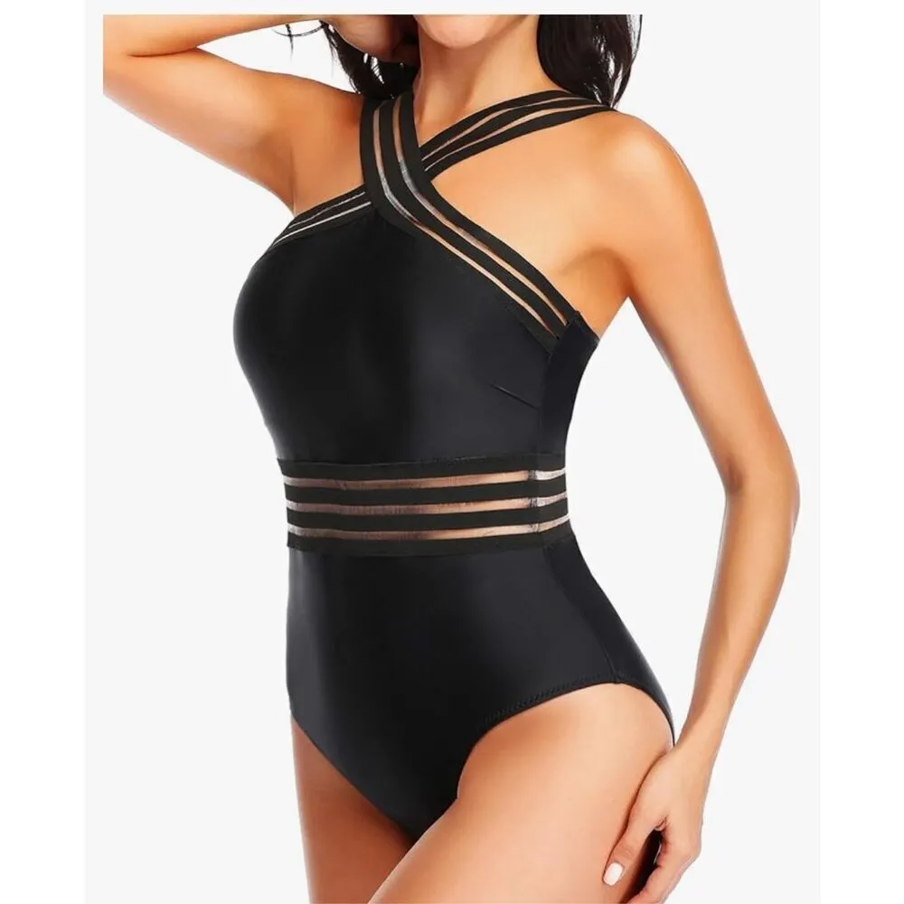 NEW Crisscross 1 Pc Swimsuit Tummy Control Bathing Suit Front Crossover L Black Size L - Image 3