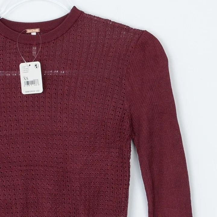 NWT Free People Open Knit Ribbed Cropped Long Sleeve Sweater XS Red Fairy Grunge - Image 3