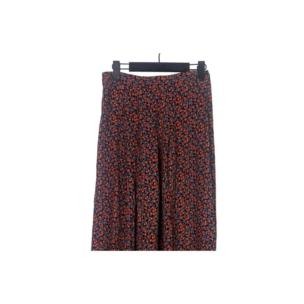 ZARA High Waisted Floral Flowy 2 Slits Preppy Midi Skirt Side Zip Up S Red #3379 - Image 3