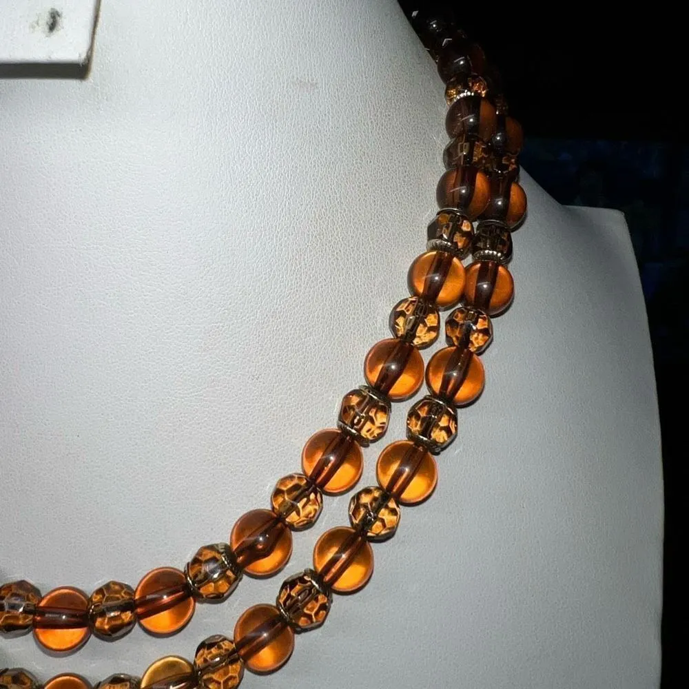 Double Layer‎ Faceted Amber Color Plastic Bead Bib Necklace Brown - Image 3