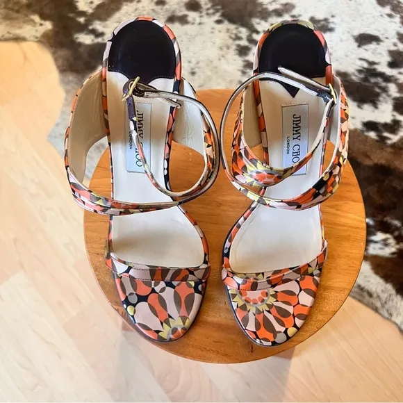 JIMMY CHOO Geometric Groovy Print Satin Heels‎ Ankle Wrap Size 39.5 - Image 15