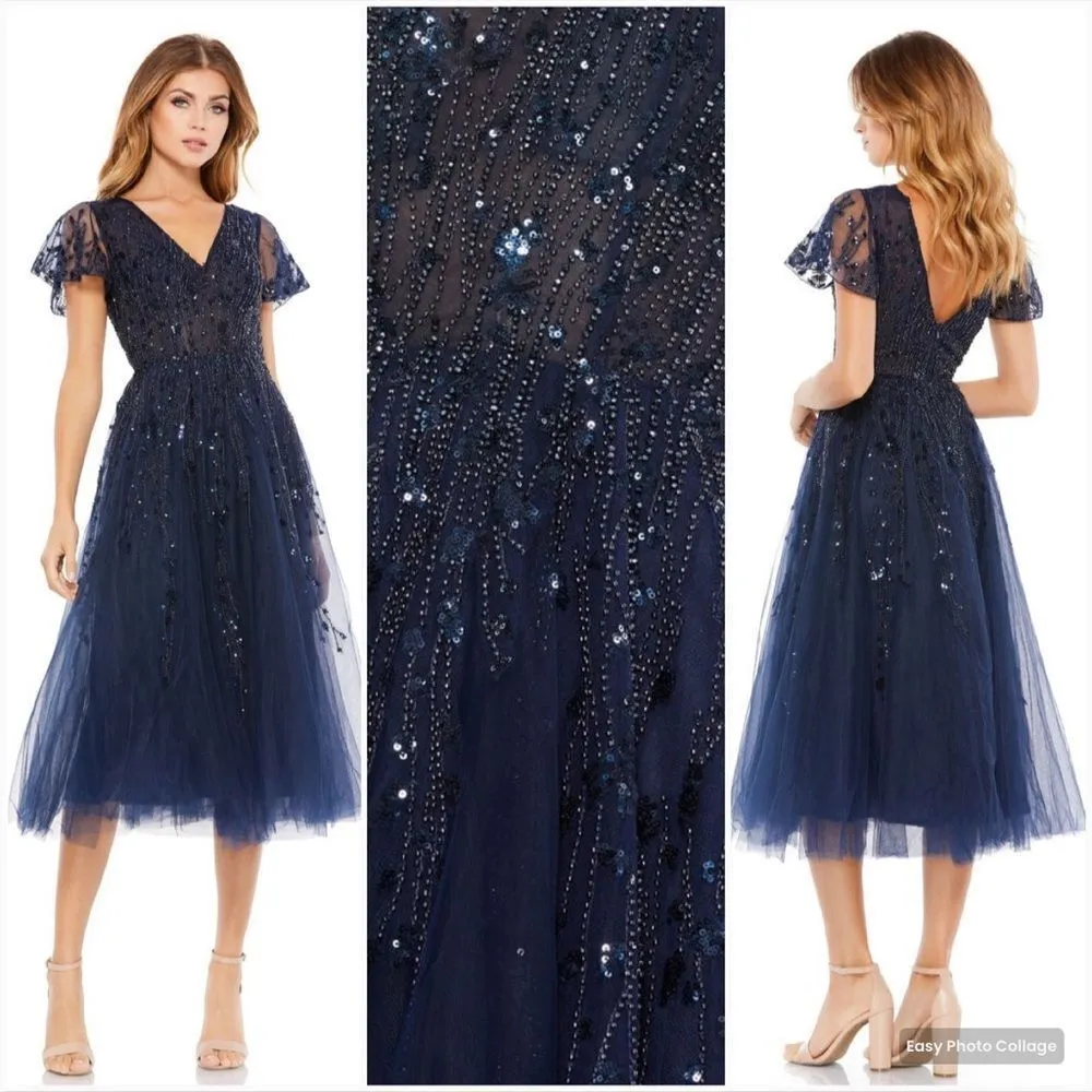 Mac Duggal 10806 Womens EMBELLISHED FLUTTER SLEEVE TEA-LENGTH DRESS - Image 3