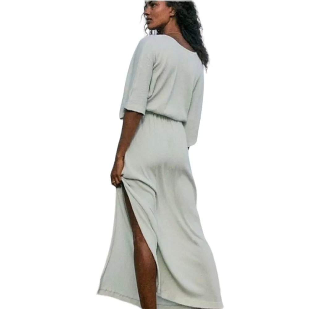Beach Cotton Blend Gauzy Maxi Slit Dress in Mint Green - Image 2