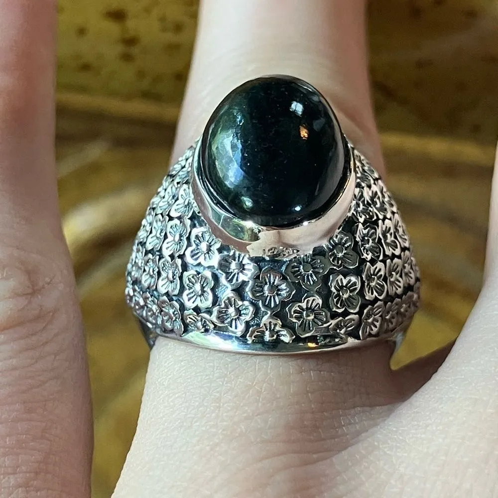 Natural Black Jade Sterling Silver Ring Size 6.25 - Image 2