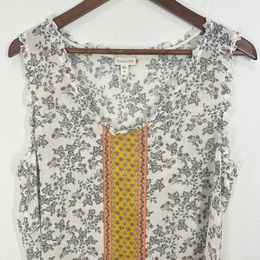 Garnet Hill Floral Print Silk Sleeveless‎ Tank Top Blouse White Yellow Size 16 - Image 2