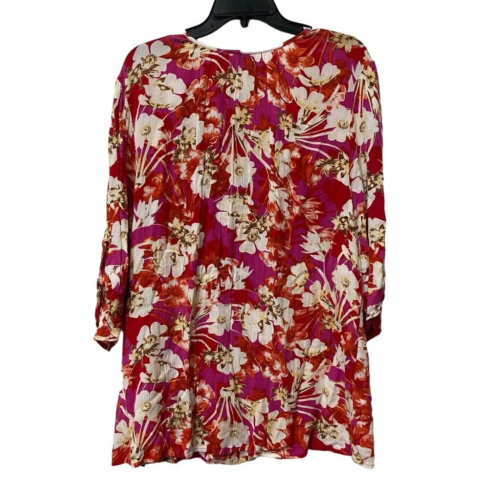 Laura Scott Women Plus Sz 1X Blouse Pink Floral Roll Tab Sleeve Button Front - Image 2