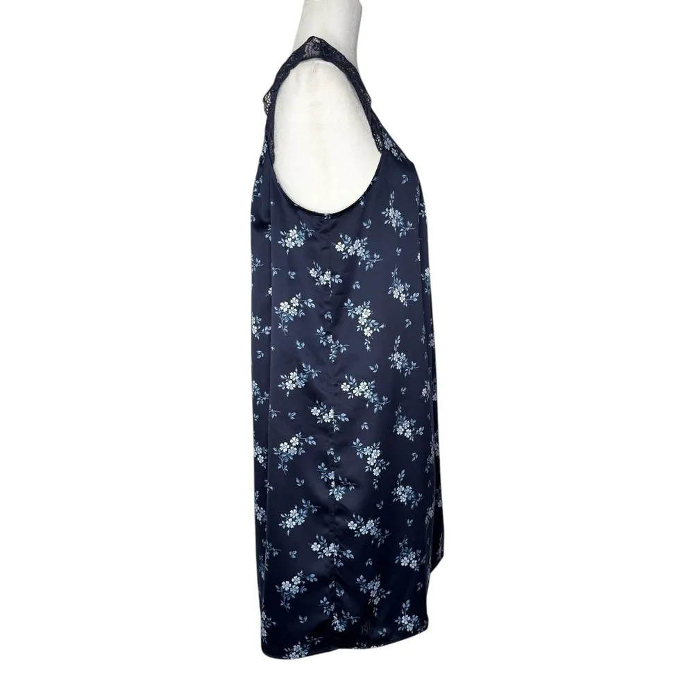 LRL Ralph Lauren S Black Label Satin Lace Floral Nightgown Sleep Slip Dress Logo Blue - Image 5
