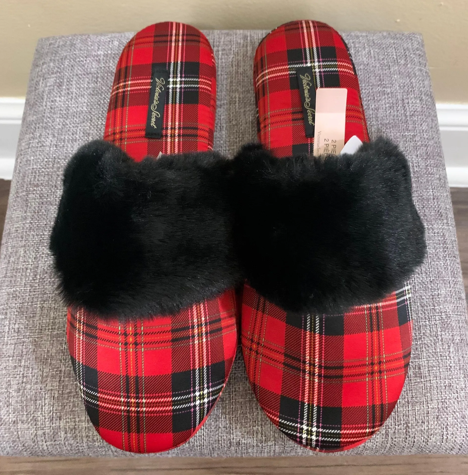 Red & Black Plaid Satin Slippers - Image 7