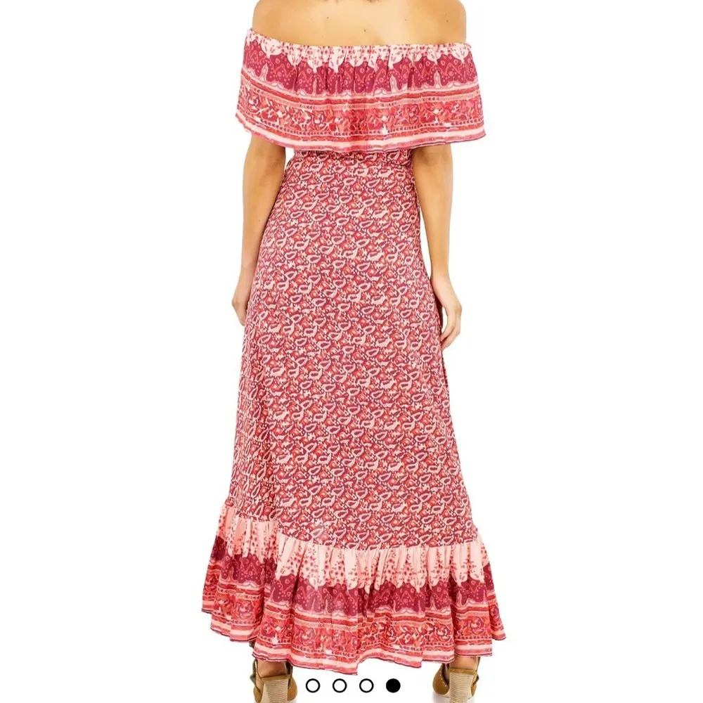 Nightcap Clothing Samba Gown Sunrise Print Red Pink Smocked Waist Tassel Size 2 - Image 4