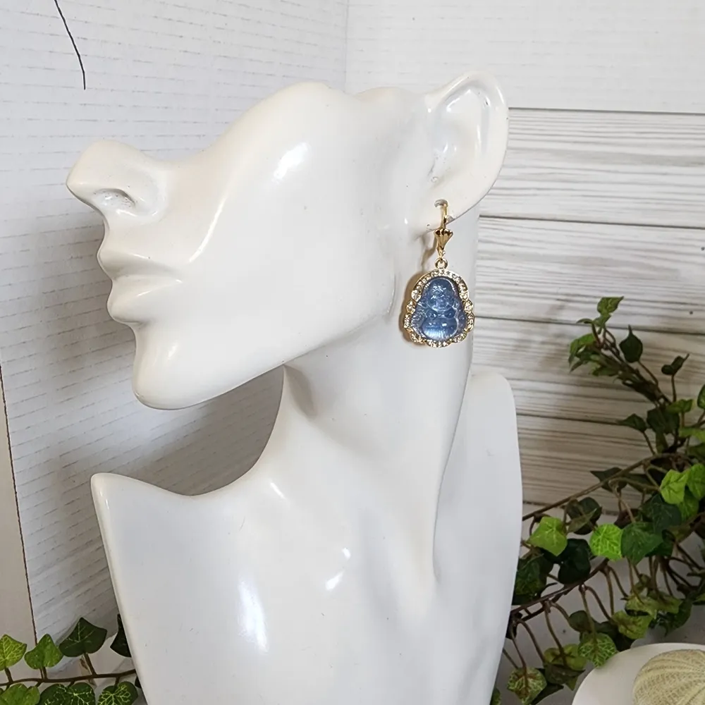 Gold with Blue Happy Buddha Drop Earrings - Image 5